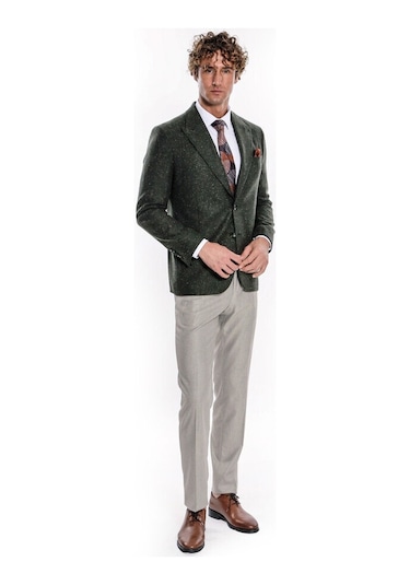 Kazayağı Desenli Yün Yeşil Erkek Ceket Taba