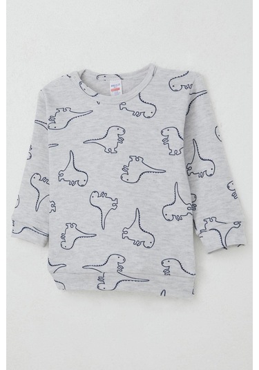 Breeze Erkek Bebek Pijama Takımı Omuzdan Patlı Sevimli Dinozor Desenli 4 Ay-1 Yaş, Açık Gri Melanj Açık Gri Melanj