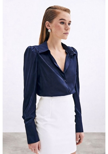 Sateen Vatkalı Saten Gömlek - Lacivert-136729 Lacivert