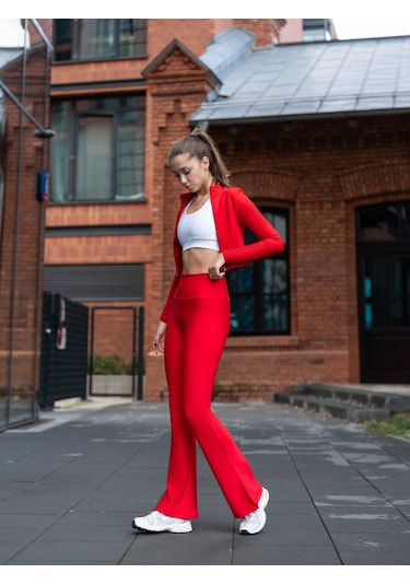 Kırmızı Yırtmaçlı İspanyol Paça Spor Tayt Kırmızı
