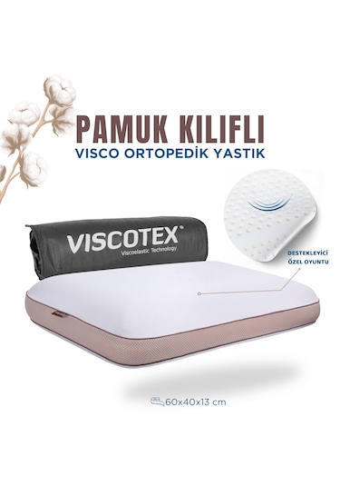Pamuk Kılıflı Medium Visco Ortopedik Yastık, Kahverengi, 60x40x13