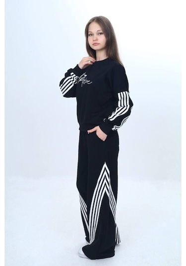 Kız Çocuk %100 Pamuk Şeritli Oversize 2 İplik Alt&üst Eşofman Takımı-305-eşt-0009 Siyah