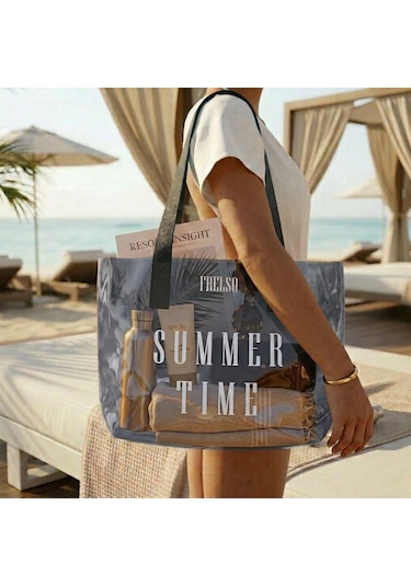 Frelso Şeffaf Plaj Çantası Baskılı Kadın Beach Çanta Gri