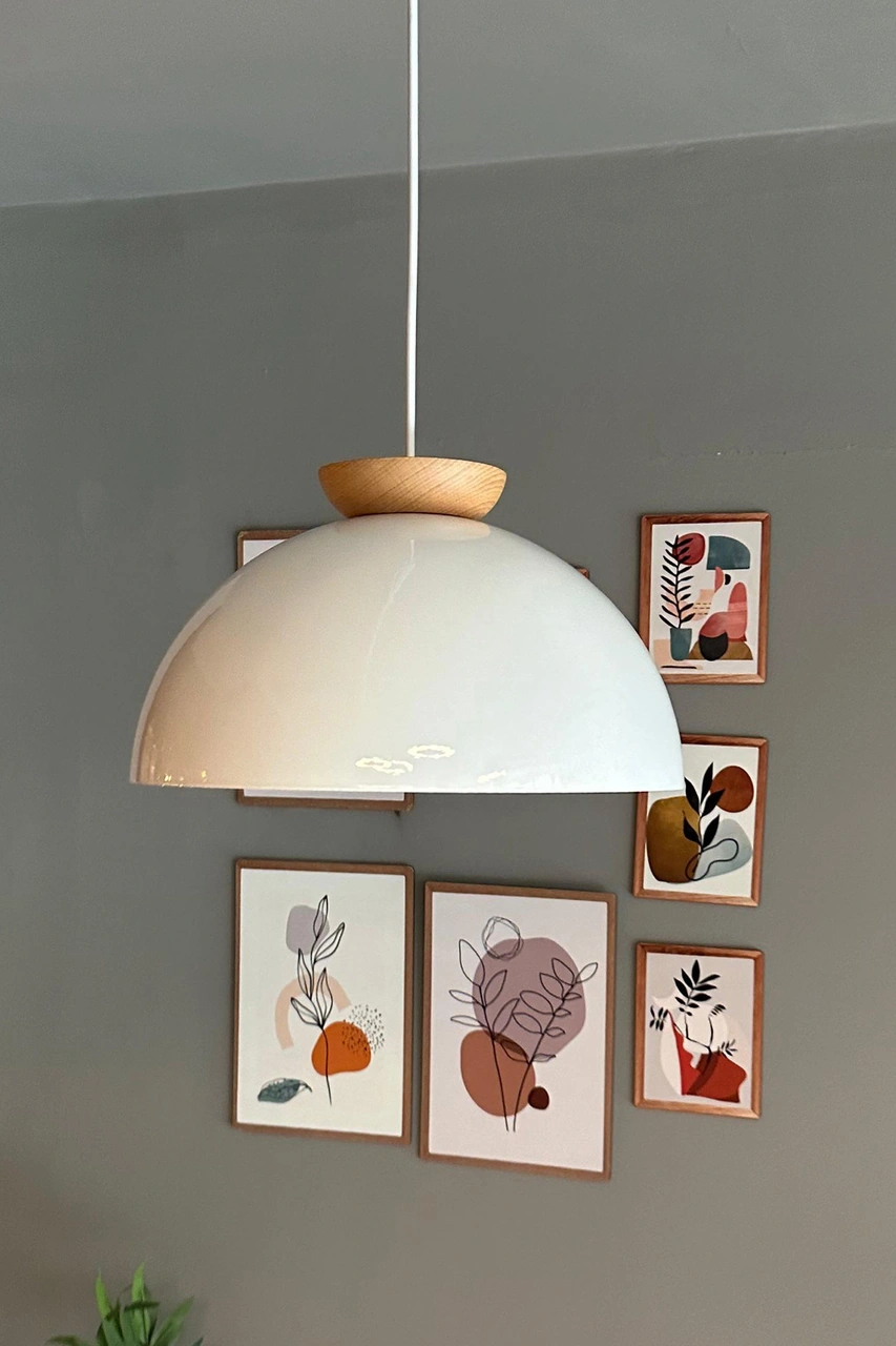 Yimpi Beyaz Avize Ahşap Tekli Sarkıt Salon Kuaför Cafe Dekoratif Aydınlatma Pastane Beyaz