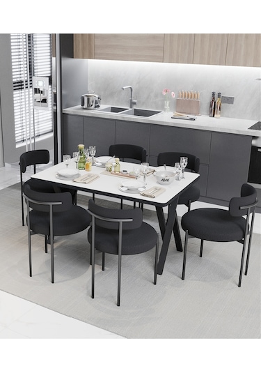 Avvio Margo Teddy Sandalye 80x140 Yemek Masası Mutfak Masası 6 Kişilik Masa Sandalye Takımı Düz Beyaz Avvio6000