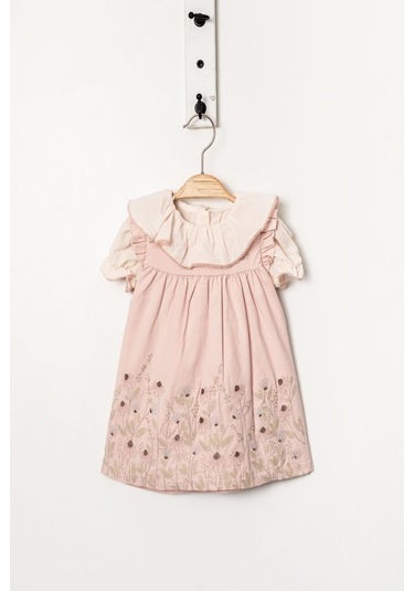 Kız Bebek Pudra Çiçek İşlemeli Elbise Fırfıtlı Yaka Gömlekli Takım-1352 Pembe