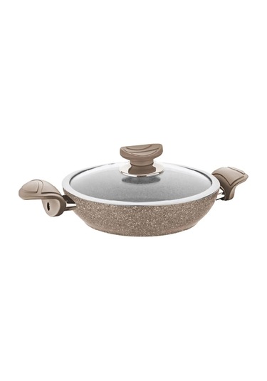 3214 Biogranit, Kapaklı, 20x5 Cm - 1,25 Litre Sahan-tava Sütlü Kahve Gövde, Sütlü Kahve Detay Gri