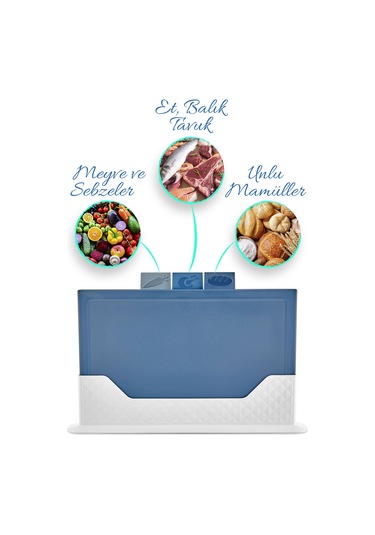 4'lü Tezgah Üstü Yatay Standlı Kesme Tahtası - Çoklu Doğrama Tahtası Ekmek Sebze Et Kesim Panosu Mavi