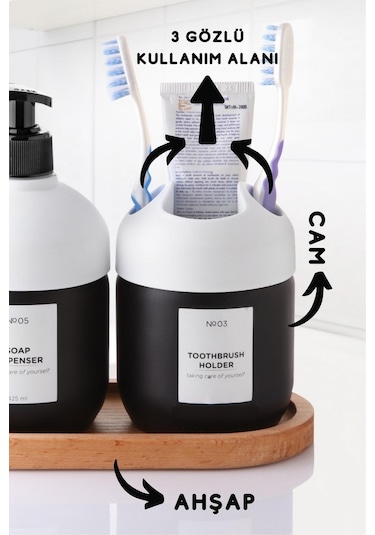 Nandy Home Lüks Ahşap Altlıklı Cam Cool Sabun ve Diş Fırçalık Banyo Seti 2'li Beyaz