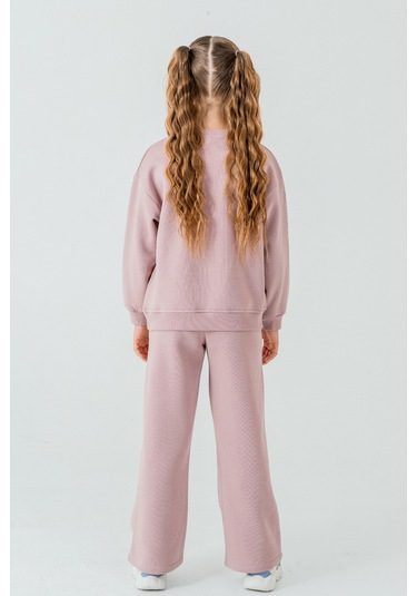 Kız Çocuk Fiyonk Nakışlı Taşlı 3 İplik Kalın Kışlık Eşofman Takımı Ak4222 Pudra