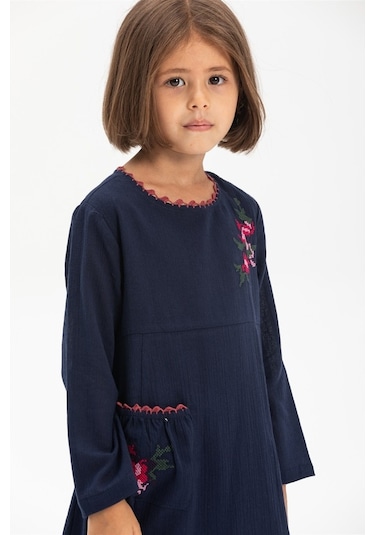 Uzun Kol Şile Bezi Burçak Çocuk Elbise Lacivert Lcvt