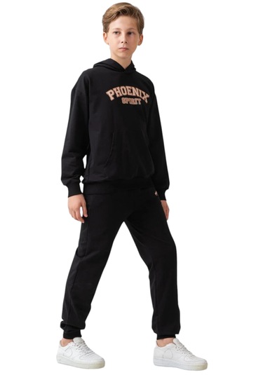 Erkek Çocuk Sırtı Anka Kuşu Detaylı Kanguru Cepli Kapüşonlu Siyah Renk Eşofman Takımı 3333 Siyah