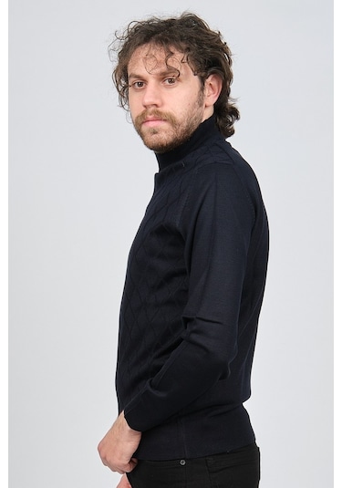 Pave Erkek Yarım Balıkçı Baklava Desenli Yün Kazak 4537220 Lacive Lacivert