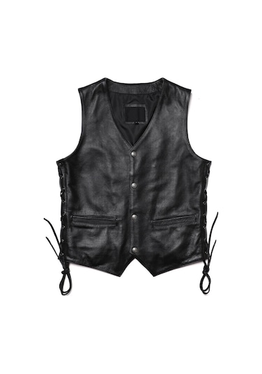 Yanları Deri Ip Bağlamalı Zik Yelek Hakiki Deri