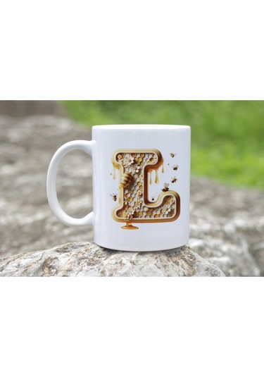 L Harfi Bal Arısı Tasarım Kupa Bardak - Bal Ve Petek Desenli Kişiye Özel Kahve Kupası - Hediyelik Beyaz