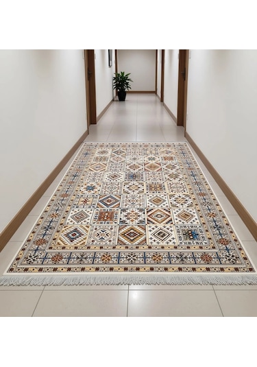 Renkli Etnik Desen Modern Halı Dekoratif Kilim Ekru