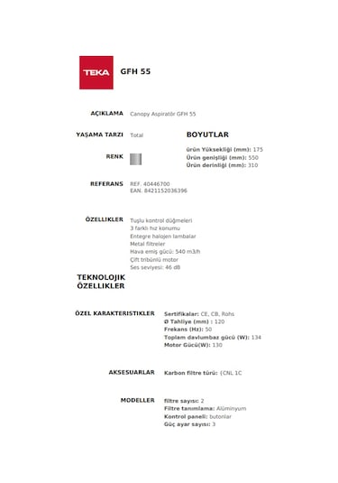 Teka GFH 55 Gömülebilir Aspiratör 40446700