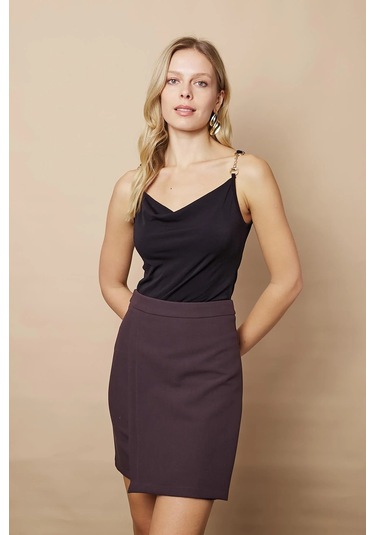 Kadın Hafif Likralı Kumaş Yüksek Bel Anvelop Kruvaze Hafif Mini Kalem Etek-kahve Kahve