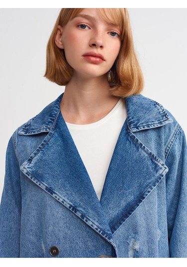65336 Metal Düğmeli Denim Trençkot-mavi-977 Mavi