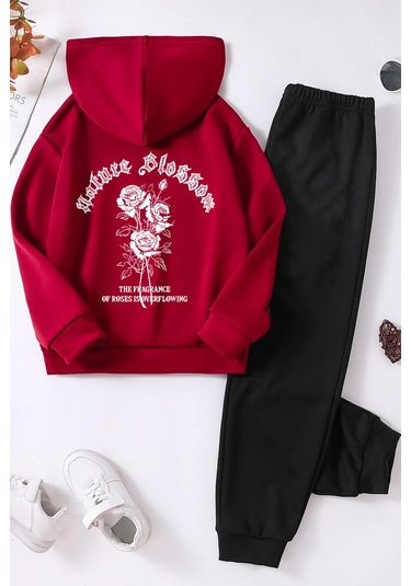 Nature Blossom Baskılı Çocuk Rahat Eşofman Takımı Kırmızı