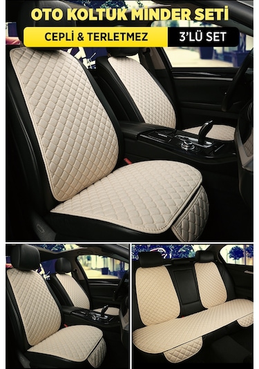 Tay Tüyü Sırtlı Oto Koltuk Minder Seti - Oto Koltuk Kılıf Seti - Cepli & Terletmez - Bej