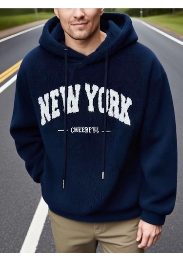 Avrupa Ve Amerikan Baskılı Moda Marka Kapüşonlu Büzme İpli Kazak Gündelik Spor Tarzı Erkek Ceketi Lacivert