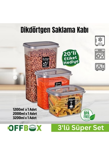 Offbox Dikdörtgen Bakliyat Baharat Gıda Saklama Kabı - 3 Çeşit - 3 Adet Antrasit Şeffaf