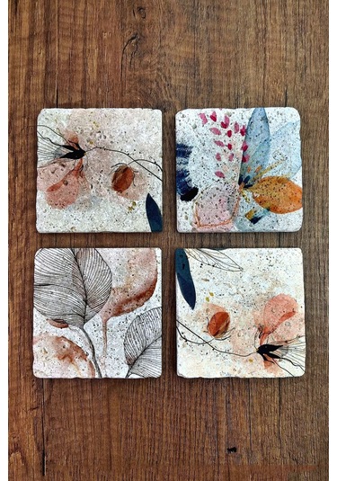 Doğal Taş Bardak Altlığı Çiçek Desenleri Baskılı 4'lü Set - Stone Coasters Çok Renkli