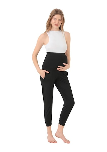 Siyah Esnek Yüksek Bel Çift Cepli Hamile Jogger Eşofman Altı