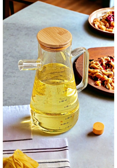 Bambu Kapaklı Cam Yağdanlık Vakumlu Borosilikat Cam Sirkelik Zeytinyağı Şişesi Yağlık 900 Ml.