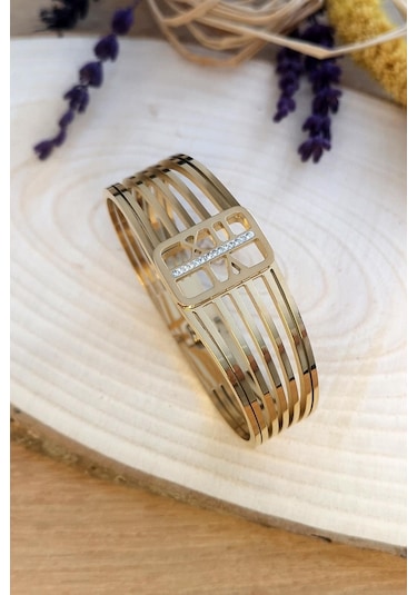 Allmisse Altın Kaplama Zirkon Taşlı Roma Rakam Detaylı Çelik Kaburga Bileklik