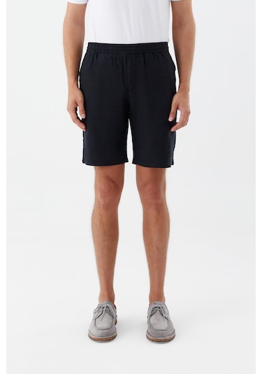 Sabri Özel Erkek Siyah Normal Kesim Regular Fit %100 Keten Lastikli Bel Bermuda Şort