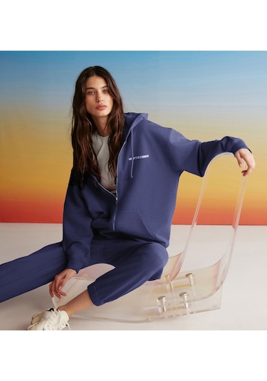 Ametıs Kadın Oversize Organik Pamuklu Metal Fermuarlı Kapüşonlu Lacivert Sweatshirt