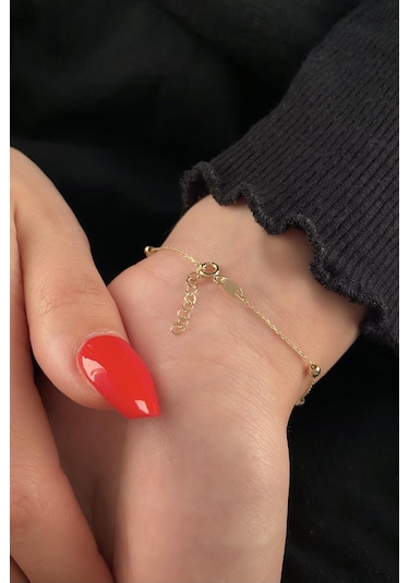 Fiyonk Kuyumculuk 14 Ayar Altın Tek Sıra Zincirli Dorika Top Detaylı Bileklik Sarı Altın