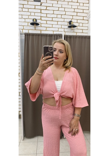 Tuba Toptaş Bağlamalı Gofre Bluz Pembe