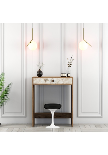 Lizbon Mini Makyaj Masası - Ceviz / Beyaz Mermer