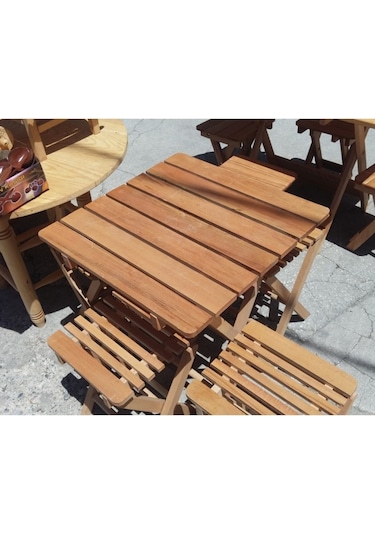 Clk-06 Katlanabilir Ahşap Tabure ve Piknik Masası Seti Katlanır Masa Kahverengi