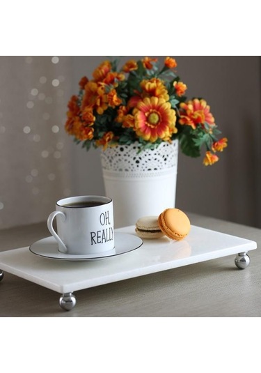 Akayev Mermer Beyaz 30x20 cm Gümüş Boncuk Ayaklı Sunum Tabağı