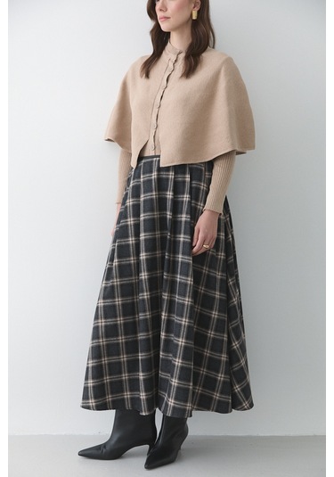 Antrasit Bej Deri Şeritli Ekoseli Etek - 4977 Antrasit - Bej