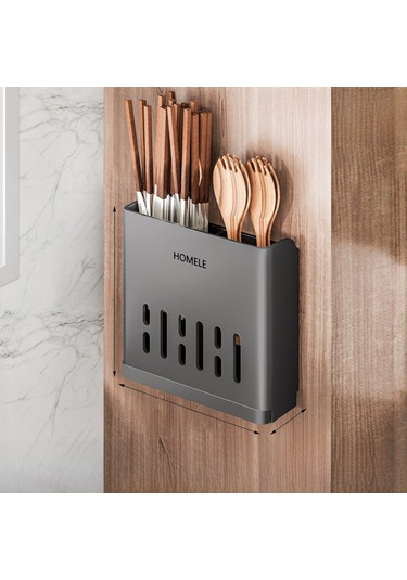 Konesam Mutfak Çubuk Kaşık Bıçak Saklama Kutusu Duvar Montajlı Süzgeçli Organizer - Füme Gri Çift Kapaklı Deliksiz Kurulum Toplu Satış Diğer