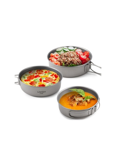 Lixada 3 Adet Titanyum Kase Seti Ultralight Titanyum Yemek Gri