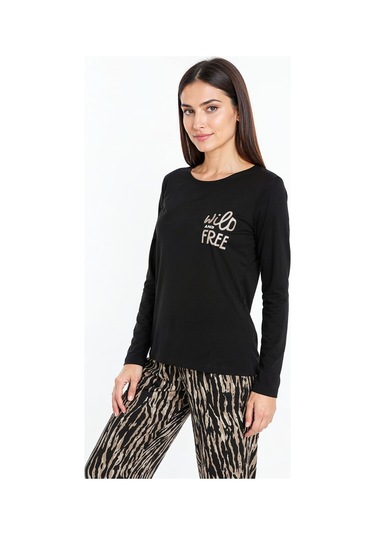 Üstü Yazılı Altı Kahverengi Zebra Desenli Elite Viscose Uzun Pijama Takımı Siyah 3553 Metalik