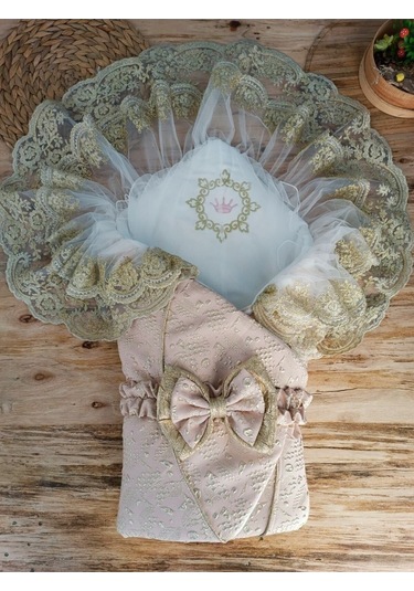 Gold Lüks Bebek Battaniyesi Dantelli Bebek Kundağı Hastane Çıkışı Hediyelik Mevsimlik Somon