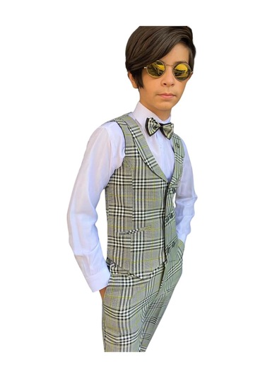 Riccotarz Erkek Çocuk Kare Desen Ve Şal Yaka Yelekli Yeşil Takım Elbise Yeşil