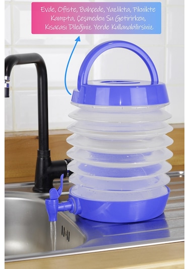 Musluklu Katlanır Su Bidonu Outdoor Akordiyon Kamp Çeşme Piknik Damacana İçecek Şişesi Kova Mavi