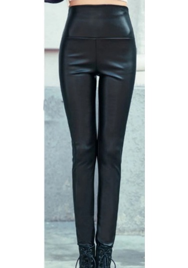 Kadın Siyah İçi Şardonlu Kışlık Suni Deri Peluşlu Tayt SiYAH