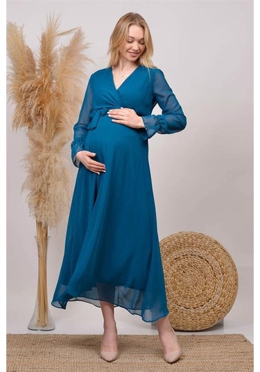 Kadın Yeni Sezon Kruvaze Yaka Şifon Hamile Elbise Hml003 Petrol Mavisi