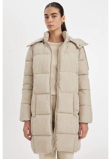 DeFacto Puffer Şişme Uzun Mont Parka Su İtici Regular Kalıp Çıkarılabilir Kapüşonlu A1315AX24WNBG284 Bej