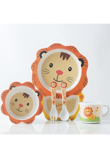 Sones Bambu Elyaf Çocuk Sofra Takımı Ev Sevimli Karikatür Bebek Maması Takviyesi Tabak Seti 042 Aslan