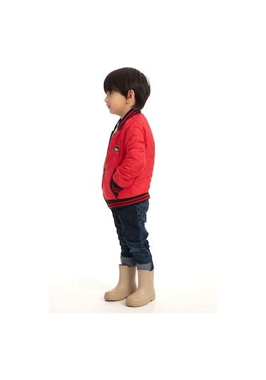Erkek Çocuk Kolej Yaka Astarlı Su Ve Rüzgar Geçirmez Fermuarlı Mont Ceket Kırmızı